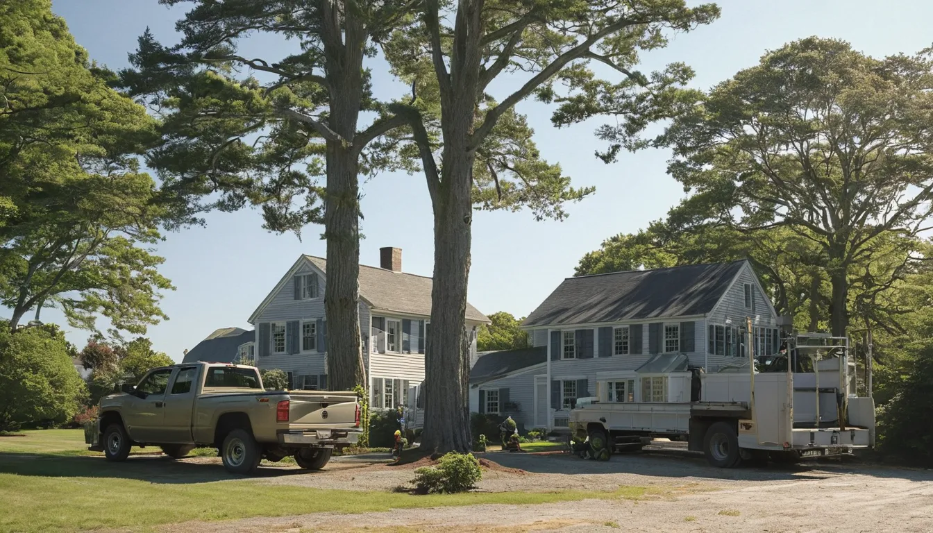 A tree provider planning a safe removal of a tall tree beside a home in Bryn Athyn