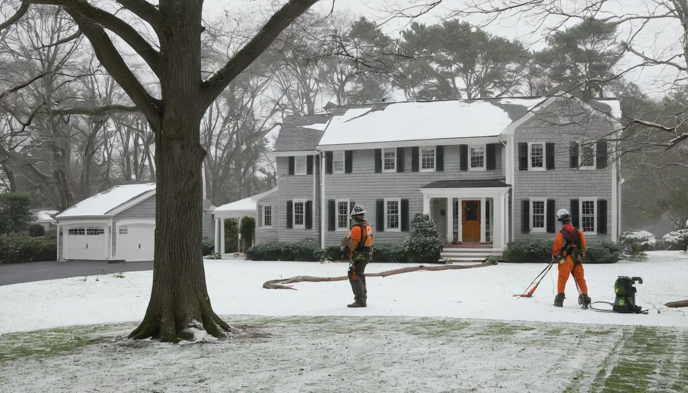 A local tree removal provider cutting down a tree safely behind a home in Bryn Athyn